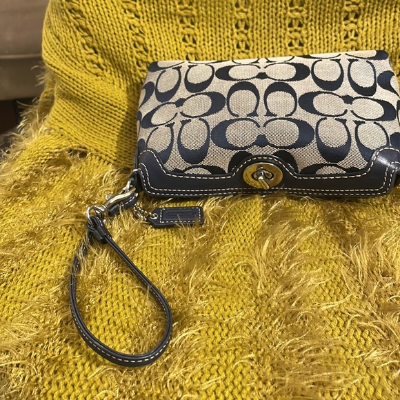 Coach wristlet clutch in navy and gray. - Picture 2 of 5